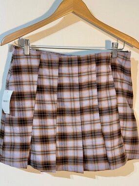 FOREVER 21 Purple Brown Plaid Pleated Short Twill Polyester Mini Skirt L NWT